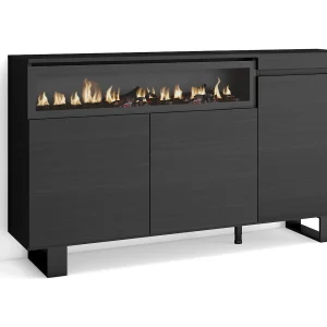 Dressoir, Opbergkast, 150x35x87cm, 3 Deuren, Elektrische haard, Industrieel design, Zwart