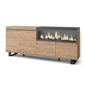 Dressoir, Opbergkast, 208x35x87cm, 4 Deuren, Elektrische haard XXL, Industrieel design, Eiken Dressoir, Opbergkast, 208x35x87cm, 4 Deuren, Elektrische haard XXL, Industrieel design, Eiken