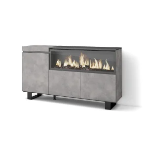 Dressoir, Opbergkast, 158x35x87cm, 3 Deuren, Elektrische haard XXL, Industrieel design, Cement