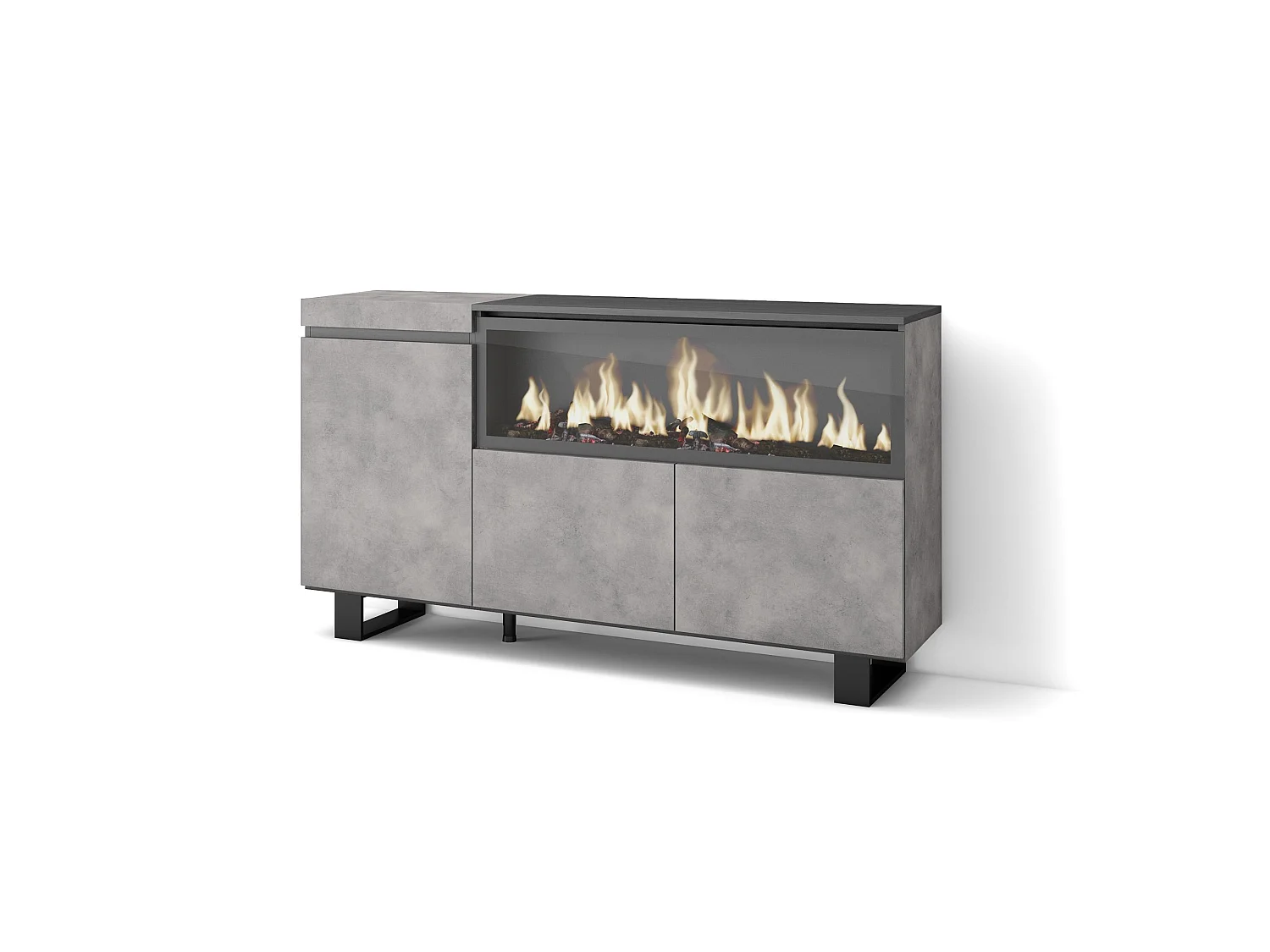Dressoir, Opbergkast, 158x35x87cm, 3 Deuren, Elektrische haard XXL, Industrieel design, Cement