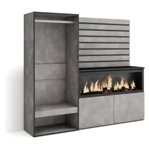 Dressoir, Opbergkast, 167x35x145cm, Voor slaapkamer, kamer, Elektrische haard XXL, Open Kledingkast, Cement