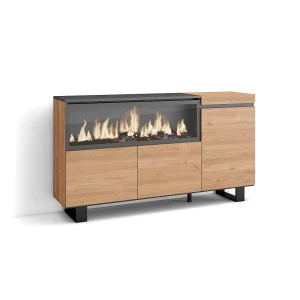 Dressoir, Opbergkast, 158x35x87cm, 3 Deuren, Elektrische haard XXL, Industrieel design, Eiken
