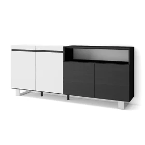 Dressoir, Opbergkast, 200x35x87cm, 4 Deuren, Industrieel design, Wit en Zwart Dressoir, Opbergkast, 200x35x87cm, 4 Deuren, Industrieel design, Wit en Zwart