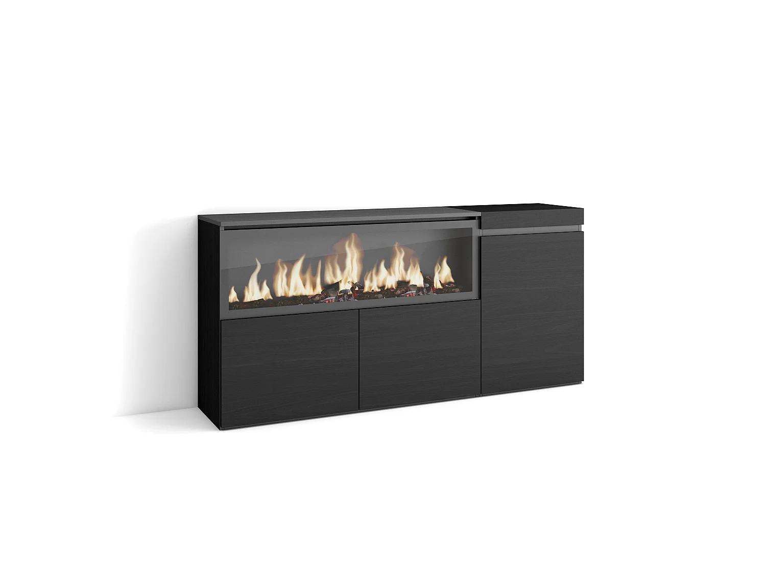 Dressoir, Opbergkast, 158x35x75cm, 3 Deuren, Elektrische haard XXL, Zwart