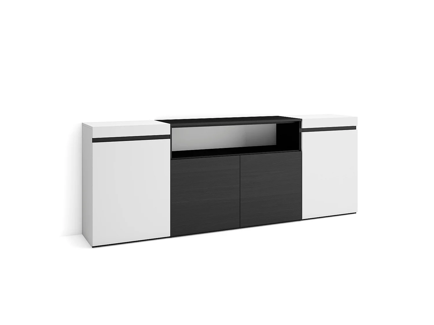Dressoir, Opbergkast, 200x35x75cm, 4 Deuren, Woonkamer, hal, Wit en Zwart
