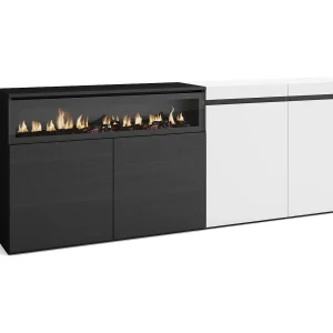 Dressoir, Opbergkast, 200x35x75cm, 4 Deuren, Elektrische haard, Wit en Zwart Dressoir, Opbergkast, 200x35x75cm, 4 Deuren, Elektrische haard, Wit en Zwart