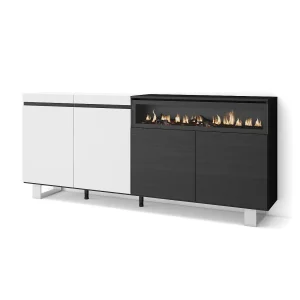 Dressoir, Opbergkast, 200x35x87cm, 4 Deuren, Elektrische haard, Industrieel design, Wit en Zwart Dressoir, Opbergkast, 200x35x87cm, 4 Deuren, Elektrische haard, Industrieel design, Wit en Zwart