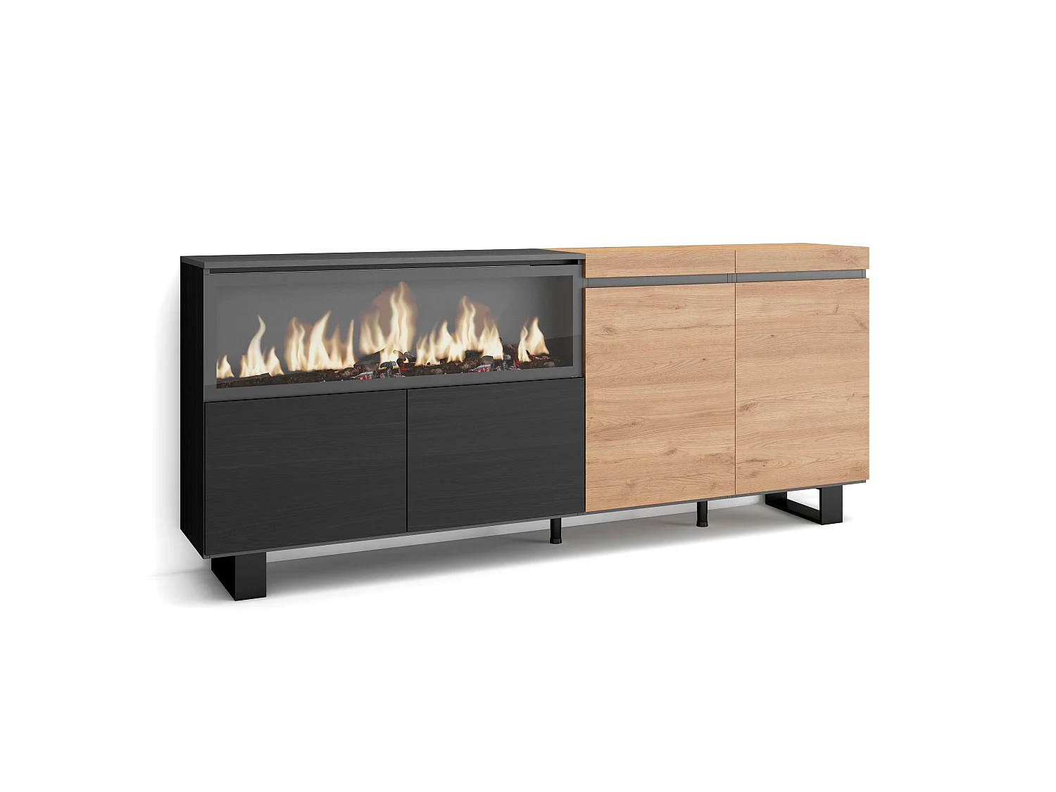 Dressoir, Opbergkast, 208x35x87cm, 4 Deuren, Elektrische haard XXL, Industrieel design, Eiken/Zwart