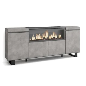 Dressoir, Opbergkast, 208x35x87cm, 4 Deuren, Elektrische haard XXL, Industrieel design, Cement Dressoir, Opbergkast, 208x35x87cm, 4 Deuren, Elektrische haard XXL, Industrieel design, Cement