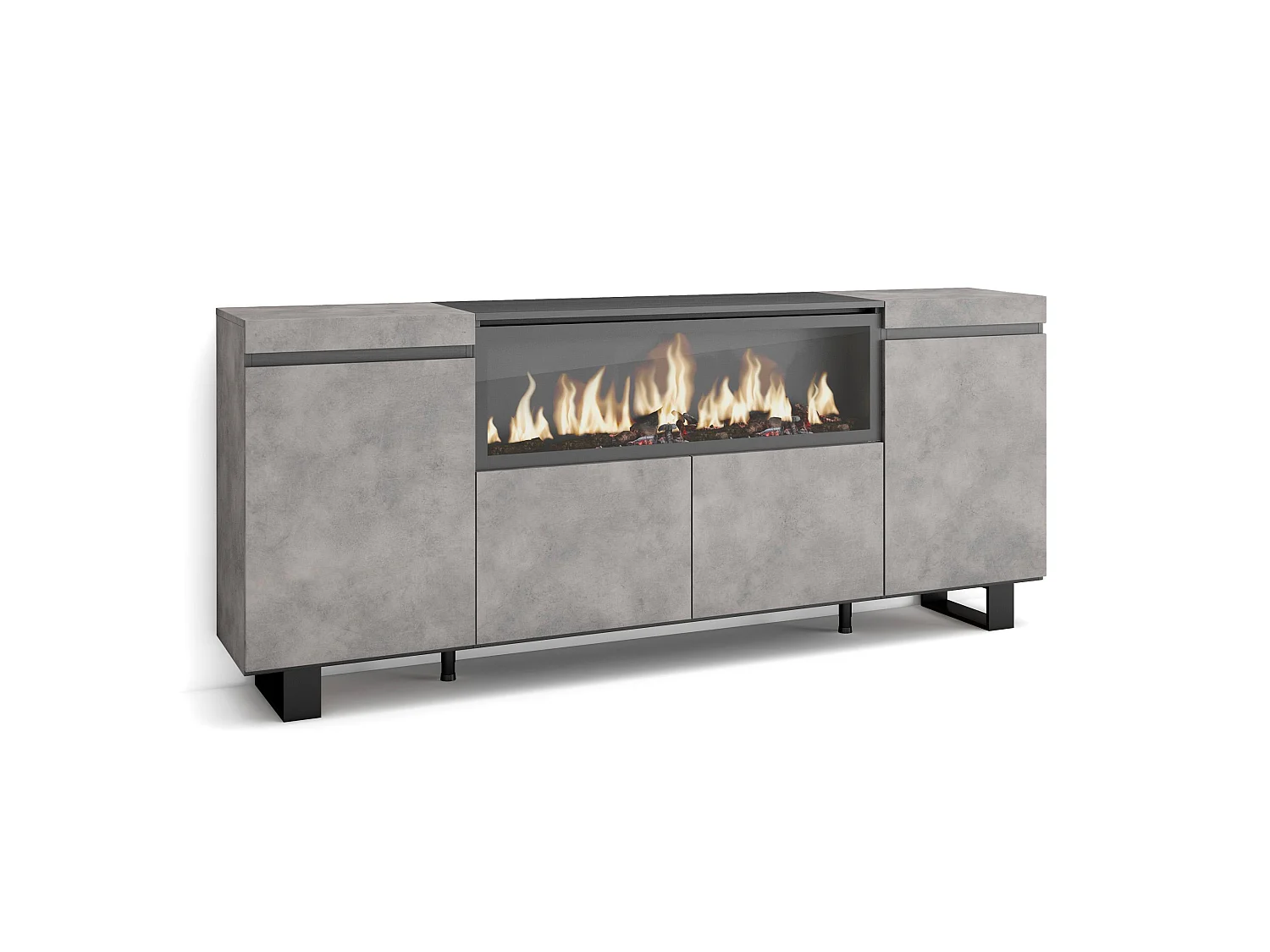 Dressoir, Opbergkast, 208x35x87cm, 4 Deuren, Elektrische haard XXL, Industrieel design, Cement