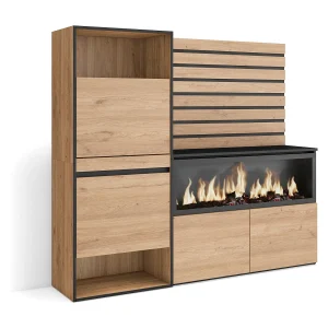Dressoir, Opbergkast, 167x35x145cm, Voor slaapkamer, kamer, Elektrische haard XXL, Schoenenkast, Eiken