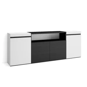 Dressoir, Opbergkast, 200x35x75cm, 4 Deuren, Woonkamer, hal, Wit en Zwart Dressoir, Opbergkast, 200x35x75cm, 4 Deuren, Woonkamer, hal, Wit en Zwart