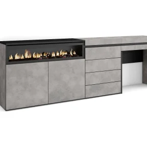 Dressoir, Opbergkast, 227x35x75cm, Voor slaapkamer, kamer, Elektrische haard, Ladekast, Commode, Kaptafel, Make-uptafel, Cement