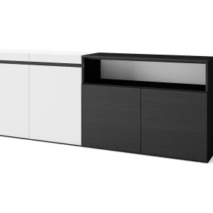 Dressoir, Opbergkast, 200x35x75cm, 4 Deuren, Woonkamer, hal, Wit en Zwart Dressoir, Opbergkast, 200x35x75cm, 4 Deuren, Woonkamer, hal, Wit en Zwart