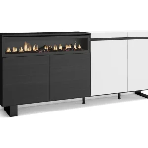 Dressoir, Opbergkast, 200x35x87cm, 4 Deuren, Elektrische haard, Industrieel design, Wit en Zwart Dressoir, Opbergkast, 200x35x87cm, 4 Deuren, Elektrische haard, Industrieel design, Wit en Zwart