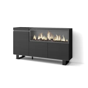 Dressoir, Opbergkast, 158x35x87cm, 3 Deuren, Elektrische haard XXL, Industrieel design, Zwart