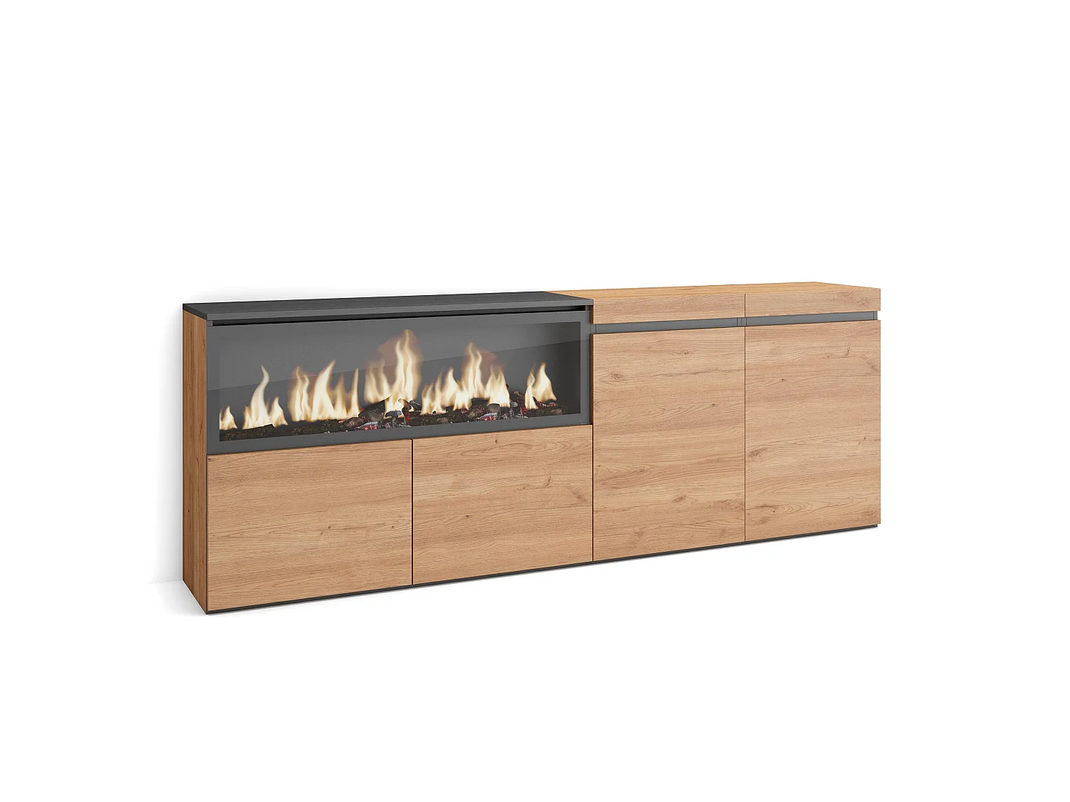 Dressoir, Opbergkast, 208x35x75cm, 4 Deuren, Elektrische haard XXL, Eiken