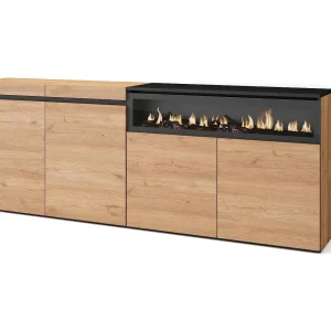 Dressoir, Opbergkast, 200x35x75cm, 4 Deuren, Elektrische haard, Eiken/Zwart Dressoir, Opbergkast, 200x35x75cm, 4 Deuren, Elektrische haard, Eiken/Zwart