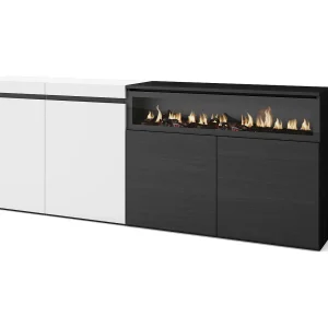 Dressoir, Opbergkast, 200x35x75cm, 4 Deuren, Elektrische haard, Wit en Zwart Dressoir, Opbergkast, 200x35x75cm, 4 Deuren, Elektrische haard, Wit en Zwart