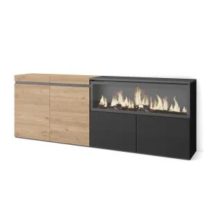 Dressoir, Opbergkast, 208x35x75cm, 4 Deuren, Elektrische haard XXL, Eiken/Zwart Dressoir, Opbergkast, 208x35x75cm, 4 Deuren, Elektrische haard XXL, Eiken/Zwart