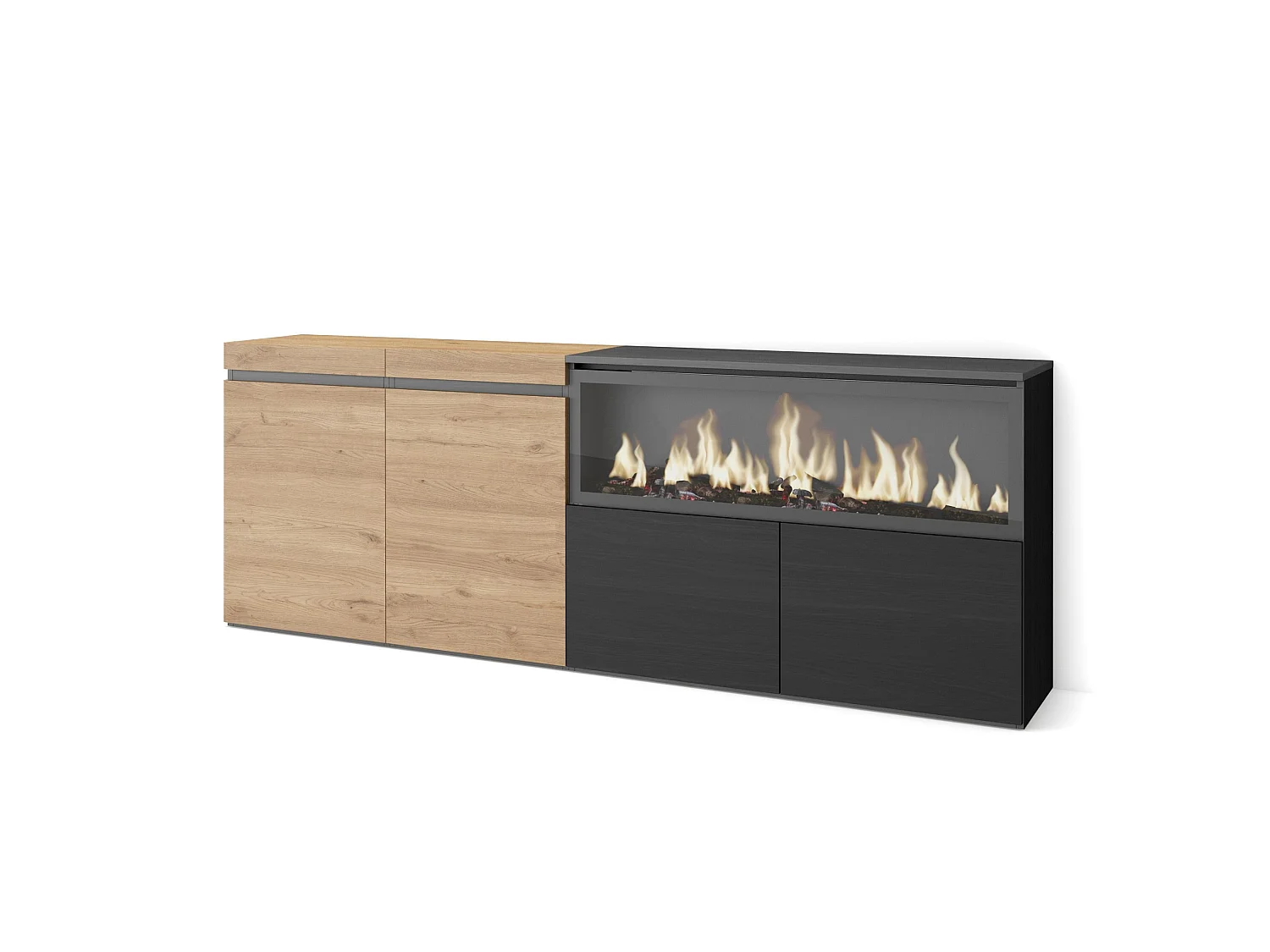 Dressoir, Opbergkast, 208x35x75cm, 4 Deuren, Elektrische haard XXL, Eiken/Zwart
