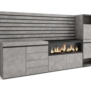 Dressoir, Opbergkast, 274x35x145cm, Voor slaapkamer, kamer, Elektrische haard XXL, Ladekast, Commode, Schoenenkast, Cement
