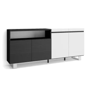 Dressoir, Opbergkast, 200x35x87cm, 4 Deuren, Industrieel design, Wit en Zwart Dressoir, Opbergkast, 200x35x87cm, 4 Deuren, Industrieel design, Wit en Zwart