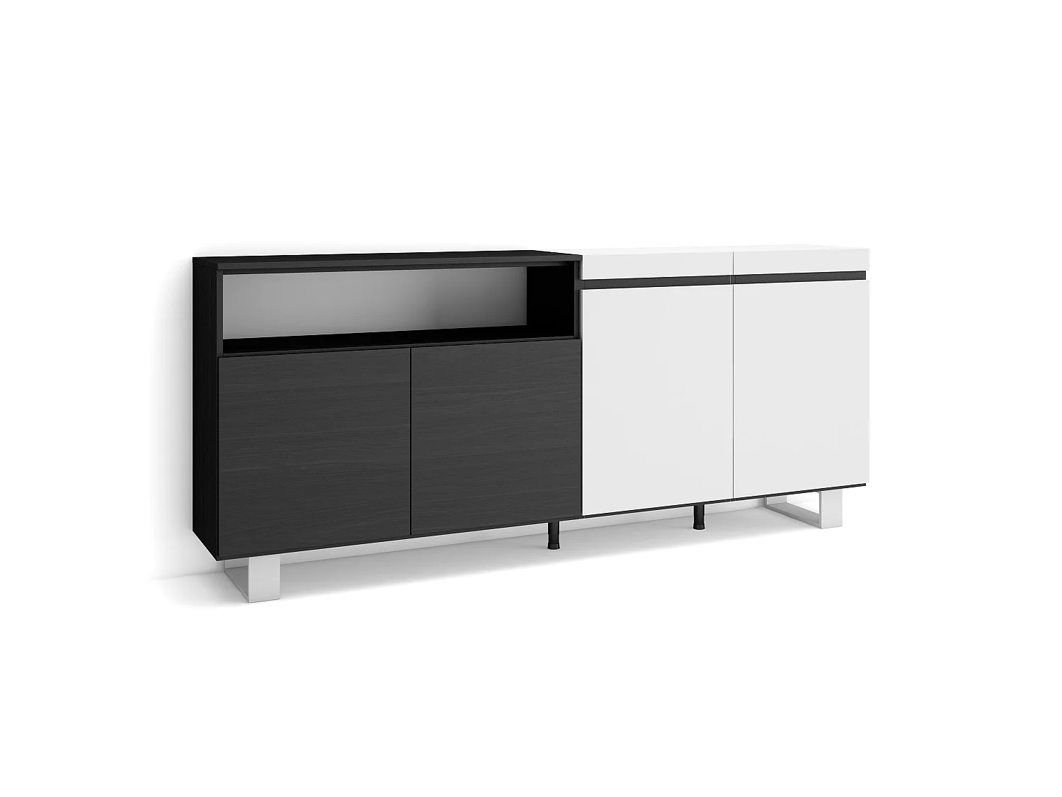 Dressoir, Opbergkast, 200x35x87cm, 4 Deuren, Industrieel design, Wit en Zwart
