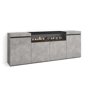 Dressoir, Opbergkast, 200x35x75cm, 4 Deuren, Elektrische haard, Cement