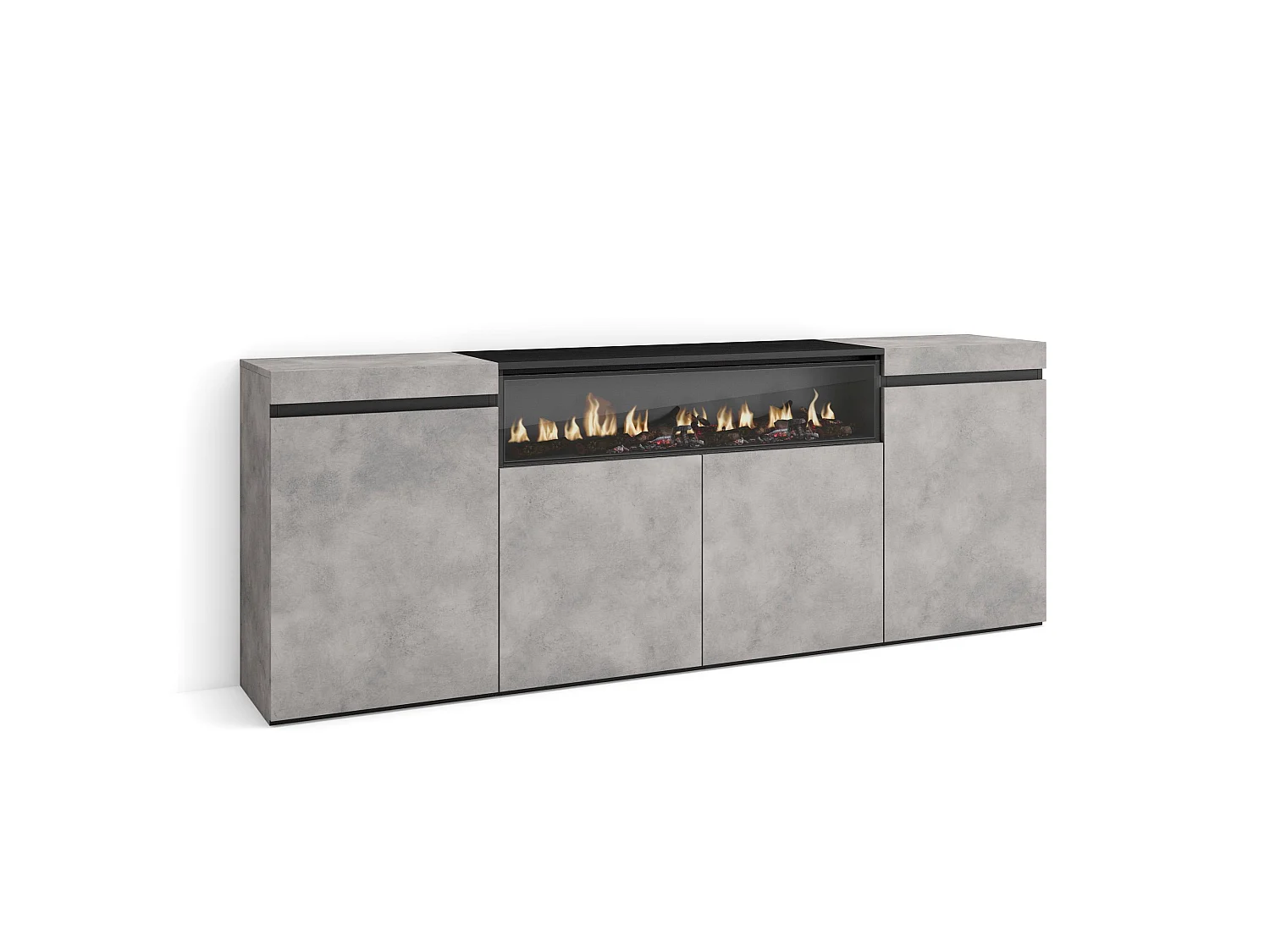 Dressoir, Opbergkast, 200x35x75cm, 4 Deuren, Elektrische haard, Cement