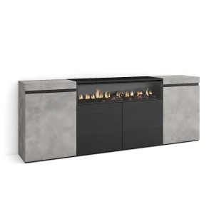 Dressoir, Opbergkast, 200x35x75cm, 4 Deuren, Elektrische haard, Cement