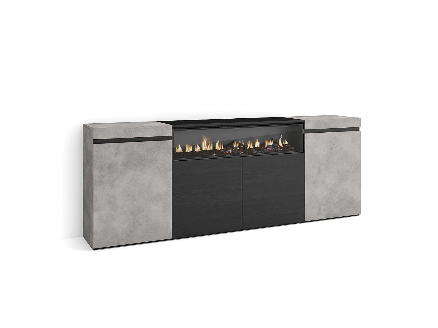 Dressoir, Opbergkast, 200x35x75cm, 4 Deuren, Elektrische haard, Cement