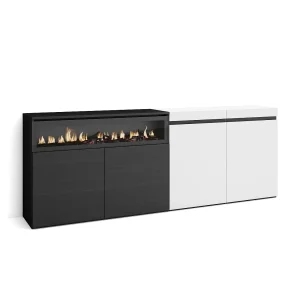 Dressoir, Opbergkast, 200x35x75cm, 4 Deuren, Elektrische haard, Wit en Zwart Dressoir, Opbergkast, 200x35x75cm, 4 Deuren, Elektrische haard, Wit en Zwart