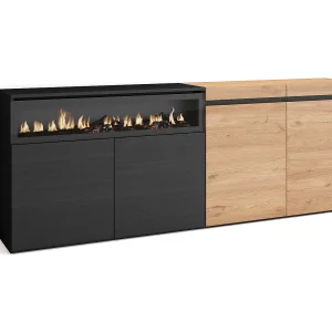 Dressoir, Opbergkast, 200x35x75cm, 4 Deuren, Elektrische haard, Eiken/Zwart