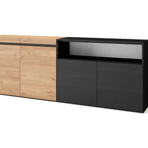 Dressoir, Opbergkast, 200x35x75cm, 4 Deuren, Woonkamer, hal, Eiken/Zwart
