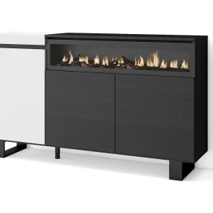 Dressoir, Opbergkast, 150x35x87cm, 3 Deuren, Elektrische haard, Industrieel design, Wit en Zwart