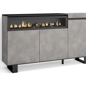 Dressoir, Opbergkast, 150x35x87cm, 3 Deuren, Elektrische haard, Industrieel design, Cement