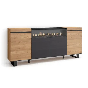 Dressoir, Opbergkast, 200x35x87cm, 4 Deuren, Elektrische haard, Industrieel design, Eiken/Zwart Dressoir, Opbergkast, 200x35x87cm, 4 Deuren, Elektrische haard, Industrieel design, Eiken/Zwart