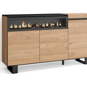 Dressoir, Opbergkast, 150x35x87cm, 3 Deuren, Elektrische haard, Industrieel design, Eiken/Zwart