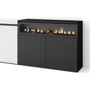 Dressoir, Opbergkast, 150x35x75cm, 3 Deuren, Elektrische haard, Wit en Zwart