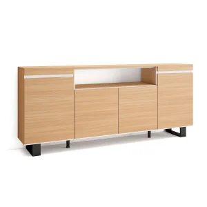 Dressoir, Opbergkast, 200x35x87cm, 4 Deuren, Industrieel design, Eiken soft en Wit Dressoir, Opbergkast, 200x35x87cm, 4 Deuren, Industrieel design, Eiken soft en Wit