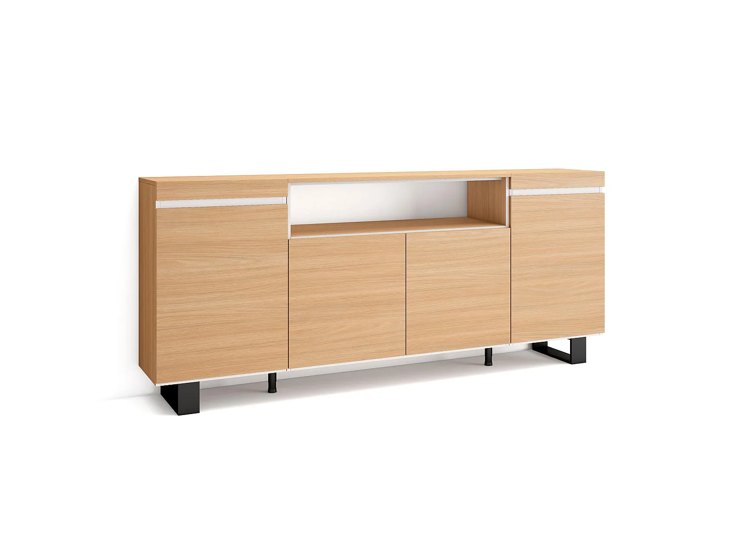 Dressoir, Opbergkast, 200x35x87cm, 4 Deuren, Industrieel design, Eiken soft en Wit