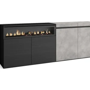 Dressoir, Opbergkast, 200x35x75cm, 4 Deuren, Elektrische haard, Cement