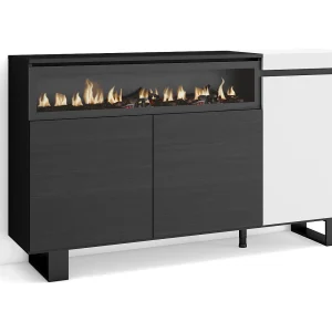 Dressoir, Opbergkast, 150x35x87cm, 3 Deuren, Elektrische haard, Industrieel design, Wit en Zwart