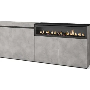 Dressoir, Opbergkast, 200x35x75cm, 4 Deuren, Elektrische haard, Cement