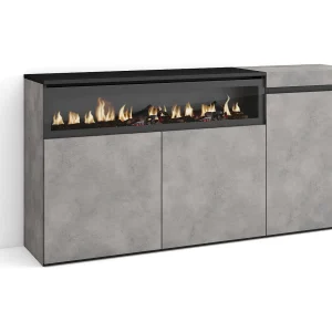 Dressoir, Opbergkast, 150x35x75cm, 3 Deuren, Elektrische haard, Cement