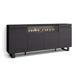 Dressoir, Opbergkast, 200x35x87cm, 4 Deuren, Elektrische haard, Industrieel design, Zwart Dressoir, Opbergkast, 200x35x87cm, 4 Deuren, Elektrische haard, Industrieel design, Zwart