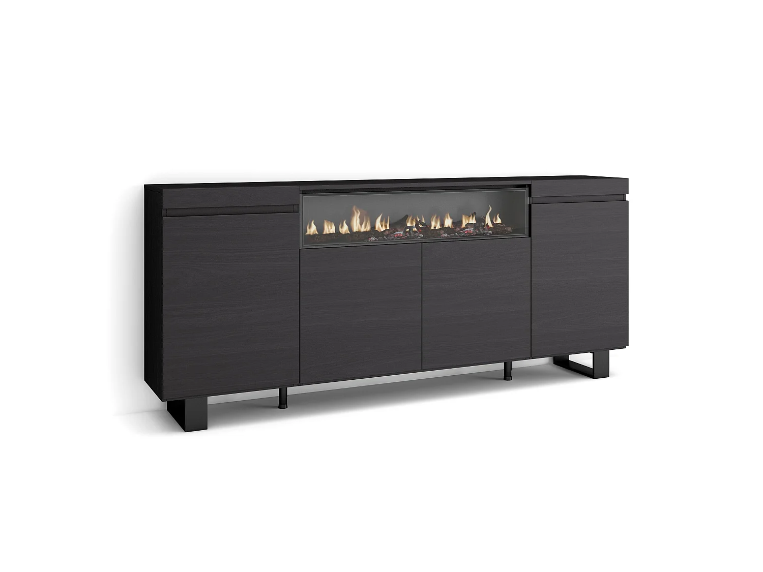Dressoir, Opbergkast, 200x35x87cm, 4 Deuren, Elektrische haard, Industrieel design, Zwart