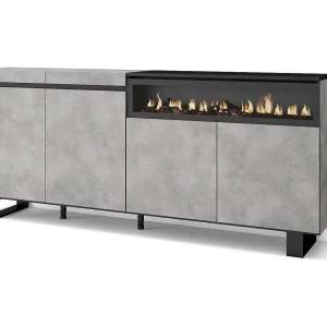 Dressoir, Opbergkast, 200x35x87cm, 4 Deuren, Elektrische haard, Industrieel design, Cement Dressoir, Opbergkast, 200x35x87cm, 4 Deuren, Elektrische haard, Industrieel design, Cement