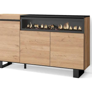 Dressoir, Opbergkast, 150x35x87cm, 3 Deuren, Elektrische haard, Industrieel design, Eiken/Zwart